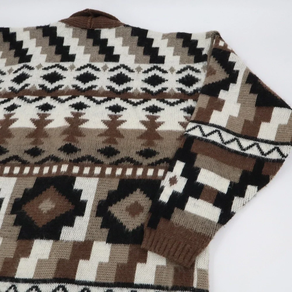 Yarnworks Cardigan Sweater Womens Medium Brown Southwestern Geometric Shawl Open
